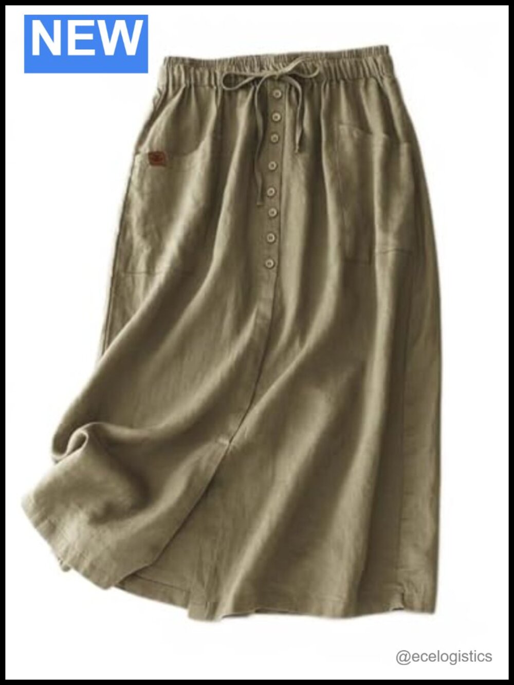 Women's Cotton Linen Midi Skirt Drawstring High Waist
